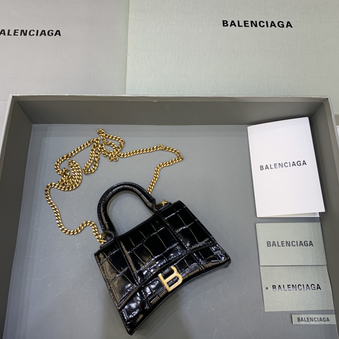 Balenciaga Hourglass Mini Handbag With Chain Crocodile Embossed Shoulder Bag Black